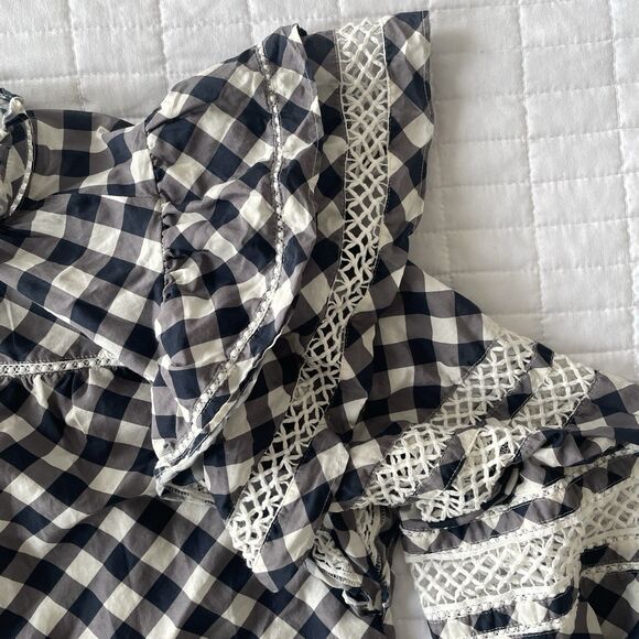 MARIE OLIVER Silk Blend Que Indigo Gingham Plaid Long Sleeve Ruffle Top L - Picture 5 of 15